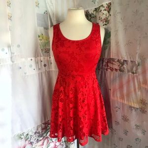 Red Floral Burnout Scoop Neck Mini Dress
